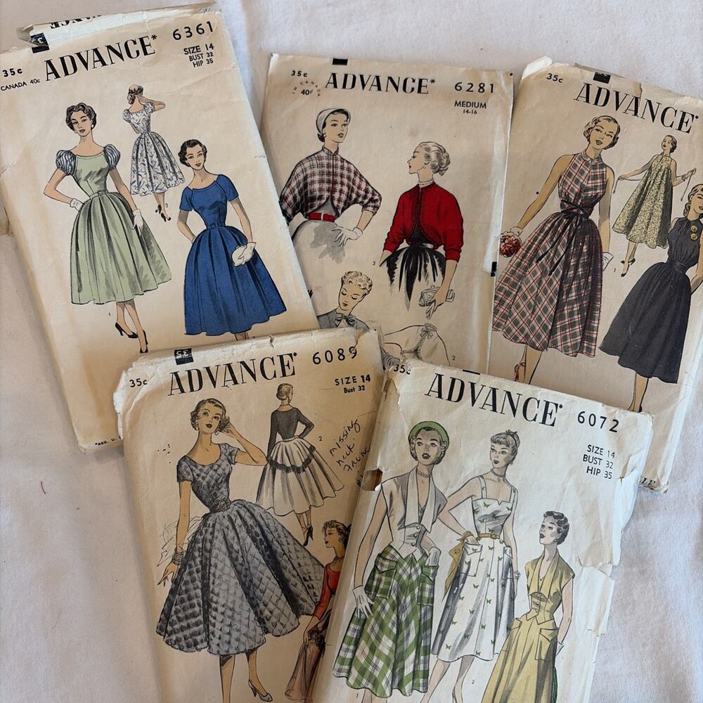 Lot Of 5 Vintage Advance Sewing Patterns A5812, A6361, A6281, 6071, A6089